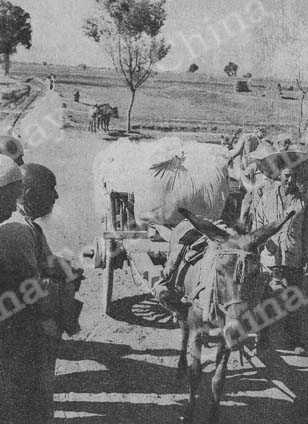 
A peasant takes his cotton to market. China's 1951 cotton crop is the biggest in her history.
