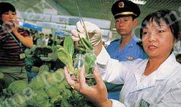 
Food safety workers taking test samples at a food market in Beijing's Haidian District.

