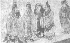 
Felsmalerei aus der Tang-Dynastie (um das Jahr 700). Drei ausländische Gesandte (r.) werden von drei chinesischen Beamten zur Audienz beim Kaiser geführt
